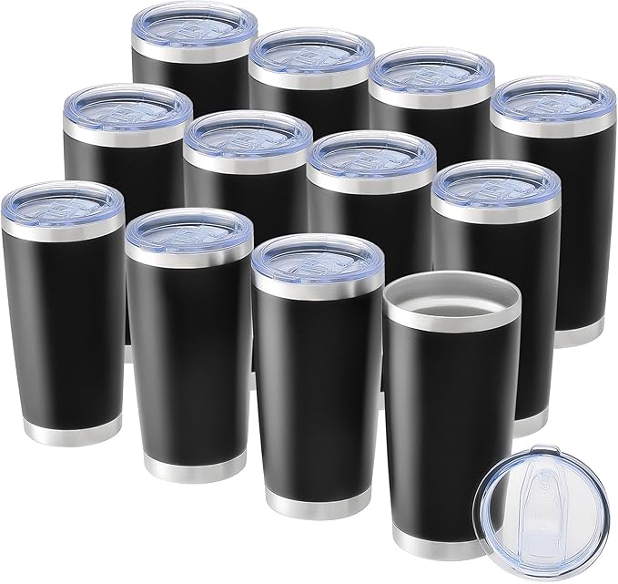 OMTech 20oz Tumblers Bulk, 12pc Stainless Steel Tumbler Set with Lid & Straw, Double Wall Vacuum Insulated Mug for Laser Engraver, Travel Coffee Mug for Hot & Cold Drinks, Black Powder Coated Cup - Bloomnest