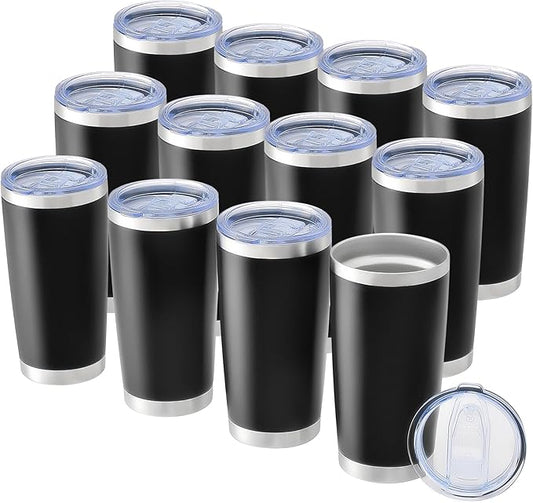 OMTech 20oz Tumblers Bulk, 12pc Stainless Steel Tumbler Set with Lid & Straw, Double Wall Vacuum Insulated Mug for Laser Engraver, Travel Coffee Mug for Hot & Cold Drinks, Black Powder Coated Cup - Bloomnest