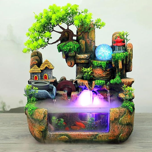 Indoor Water Fountain Desktop Waterfall Bonsai Tabletop Fountains with Color LED Light Atomizing Humidifier with Rockery Stream Plants for Home Office Bedroom (C) - Bloomnest