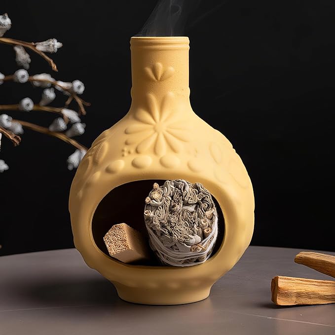 Handmade Ceramic Palo Santo Burner&Incense Holder-Mini Chimenea Dish for Sage Sticks,Copal,and Meditation Decor-Natural Clay Smudge Pot with Aromatic Design,Anxiety Relief Gifts for Women - Bloomnest