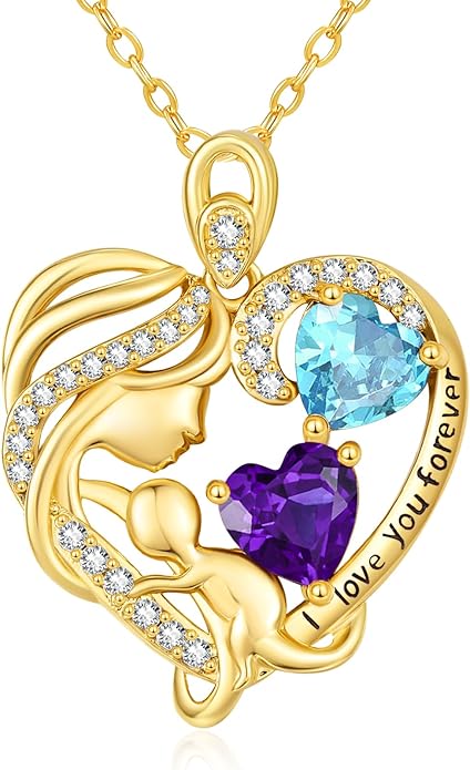 14K Gold Double Birthstone Heart Necklace for Women Mom, Mother Son/Daughter Pendant Necklace for Christmas Mother's Day Birthday Gifts for Wife Daughter Grandmom - Bloomnest