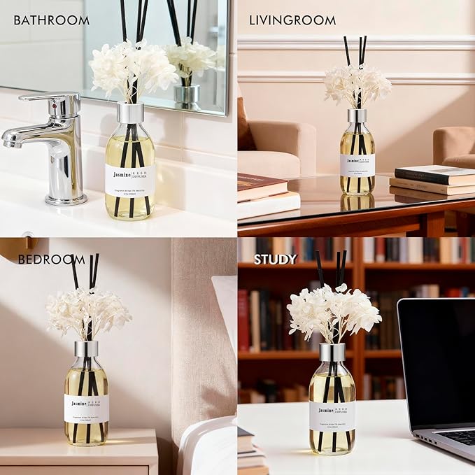 Clesh Reed Diffuser Set, 6.7 oz Jasmine Scented Diffuser with Sticks, Home Fragrance Reed Diffuser for Bathroom Shelf Decor - Bloomnest