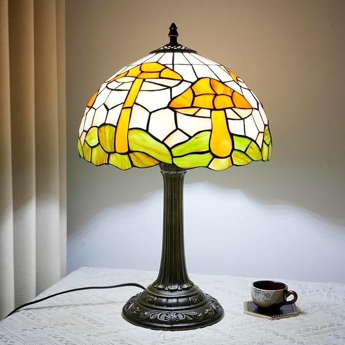 uniquel Vintage Orange mushroom Tiffany lamps Retro Style Stained Glass Table Lamp Cute Aesthetic Bedside Lamp for Bedroom nightstand Night Stand Lighting reading cottage decor desk lamp 12 inch E26 - Bloomnest