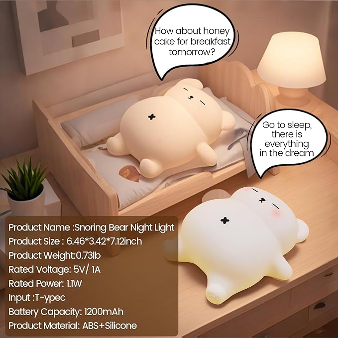 Sleepy Snoring Bear Night Light,Novelty Nursery Nightlight for Kids, Dimmable/Timer/Rechargeable USB-C, Food-Grade Silicone LED Squishy Animal Bedside Lamp,Funny Gifts for Boys Girls Baby,Room Decor - Bloomnest