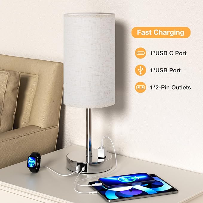 17.4Inch Bedside Touch Table Lamps for Bedroom Nightstand with USB-C USB-A Charging Ports White - 3 Way Dimmable Control Small Lamp Fabric Shade Silver Base for Office, Dorm Room, Living Room, Reading - Bloomnest