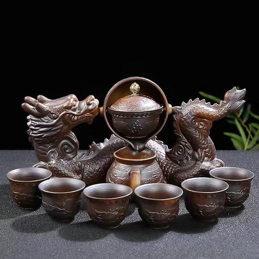 Chinese Gongfu Tea Set Gift Box, Chinese Dragon Shape, Pure Hand Firing, with 360Rotating Teapot and Infuser, Suitable for Office, Home, Gift (Dragon Legend)