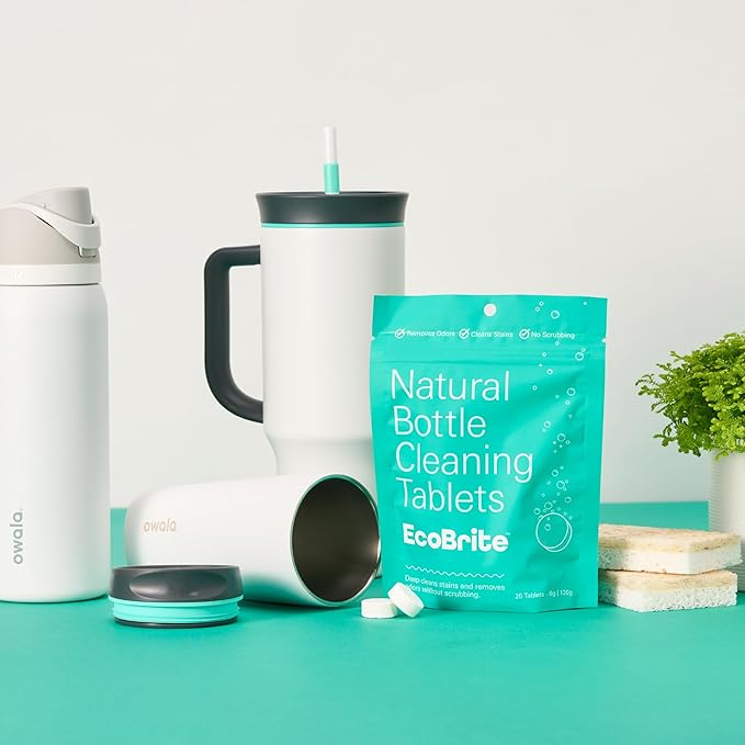 Owala EcoBrite All Natural, Powerful Cleaning Tablets, Cleans Stainless Steel, Tumbler, Insulated, Reusable, and Plastic Water Bottles, Chlorine and Phosphate Free (Pack of 10) Owala