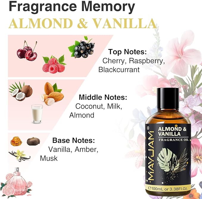 Almond & Vanilla Fragrance Oil Essential Oil, MAYJAM 3.38FL.OZ Almond & Vanilla Oil for Diffusers for Home, Long Lasting Scented Oils for Soap Candle Making - 100ML - Bloomnest