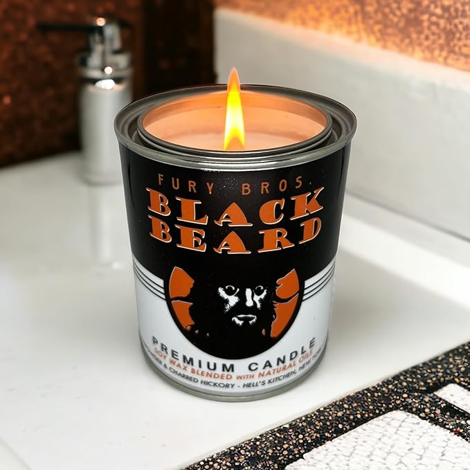 Fury Bros. Scented Candles for Men | Black Beard | Gunpowder & Charred Hickory | Natural Soy Wax | Hand-Poured in the USA | Long 70-80 Hour Burn (12.5 oz) | Vintage-inspired Tin Design | Dad Home Gift - Bloomnest