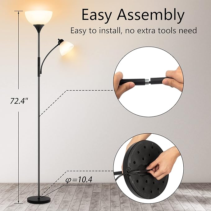 Floor Lamp, Dimmable Standing lamp, Stepless Dimming Brightness, Included 9W and 5W LED Bulbs, Industrial Floor Lamp for Living Room, Bedroom, Office, Reading - Bloomnest