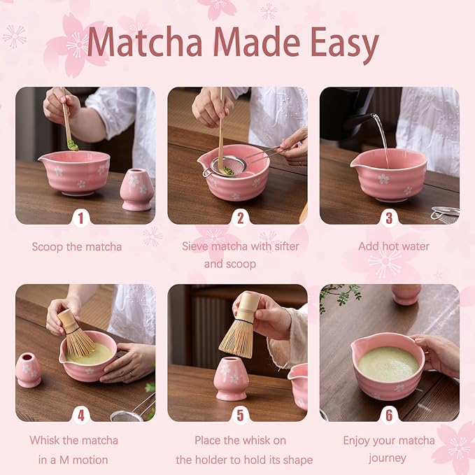 Matcha Whisk Set, Matcha Bowl with Spout, Matcha Whisk and Holder, Bamboo Matcha Scoop and Stainless Sifter，Ceramic Matcha Bowl Set (Pink) - Bloomnest