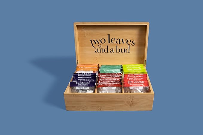 Two Leaves and a Bud Organic Tea Sampler in 6-Slot Bamboo Presentation Box - Filled Gift Box with Tea Assortment of Green, Black, and Herbal Teas - Bloomnest