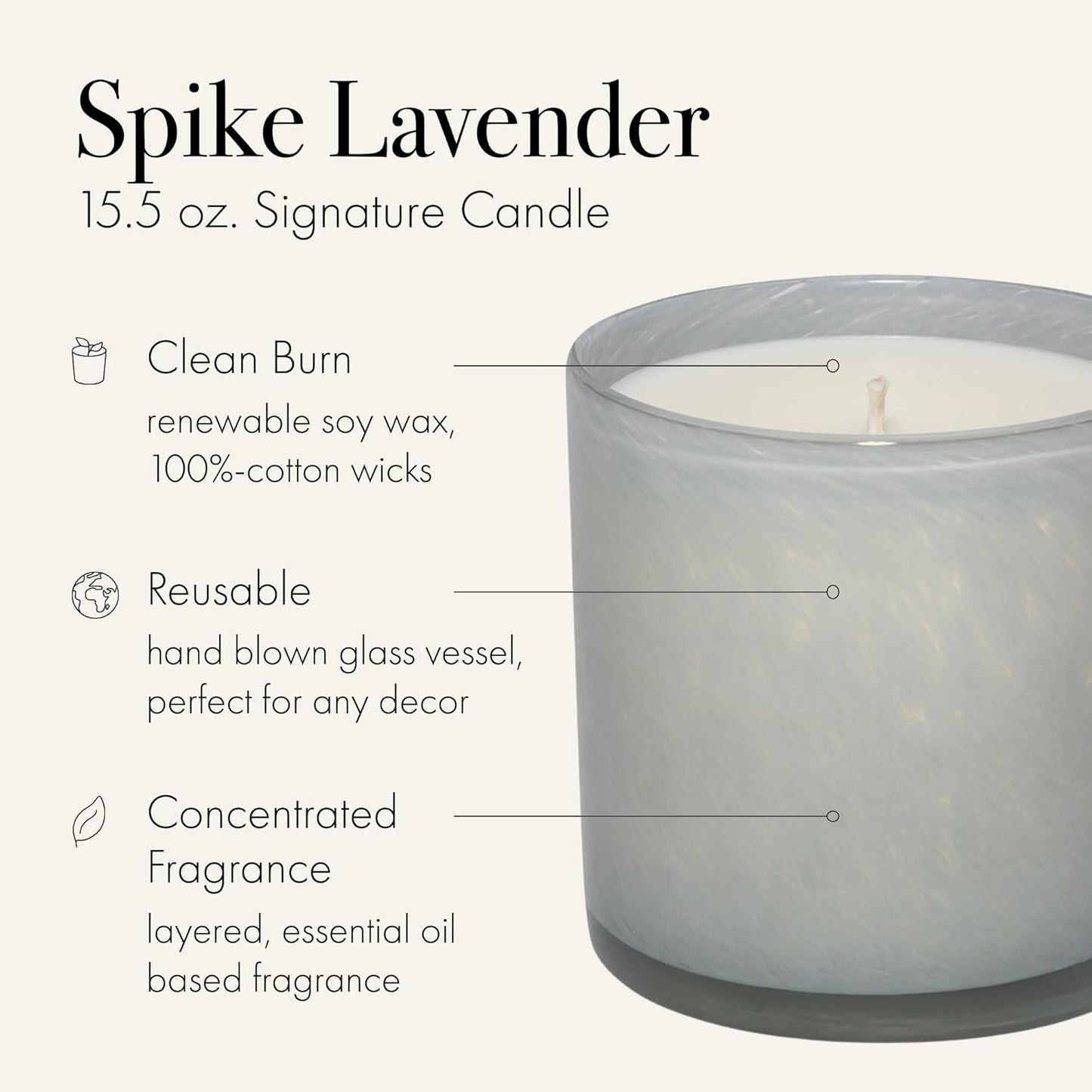 LAFCO New York Signature Candle, Spike Lavender - 15.5 oz - 90-Hour Burn Time - Reusable, Hand Blown Glass Vessel - Made in The USA