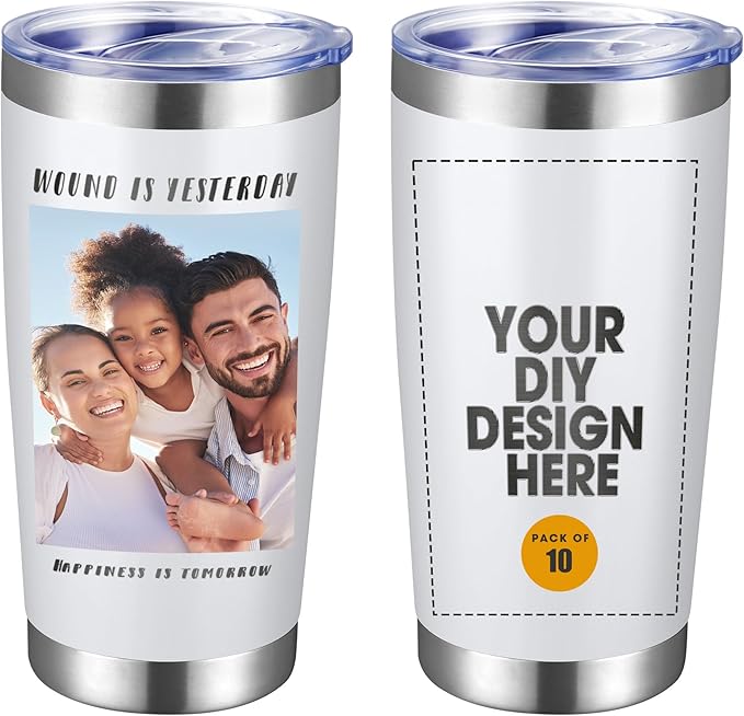 Personalized Custom Tumbler Print in USA 10 Pcs 20oz Stainless Steel Coffee Cup with Lid & Straw Double Wall Insulated Tumbler with Colorful Text Logo Photo - Bloomnest