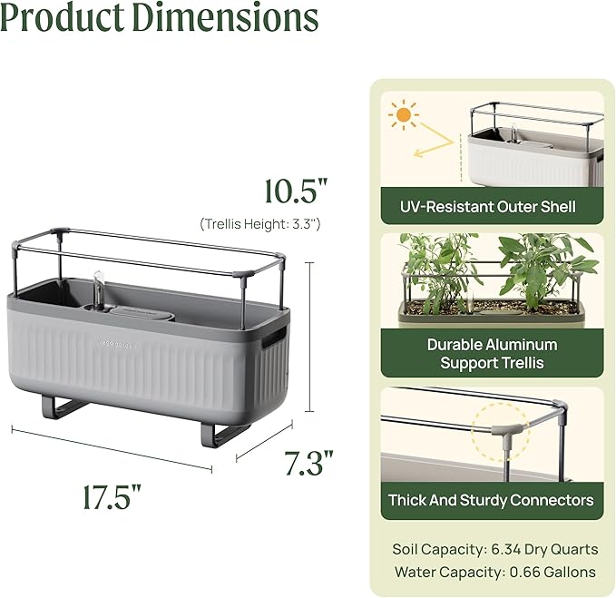 Vego Garden Herb Indoor Plant Box, Self Watering Planters Pots for Indoor Plants with Trellis for Kitchen Window Sill or Countertop Plants Cage - Fog Gray - Bloomnest