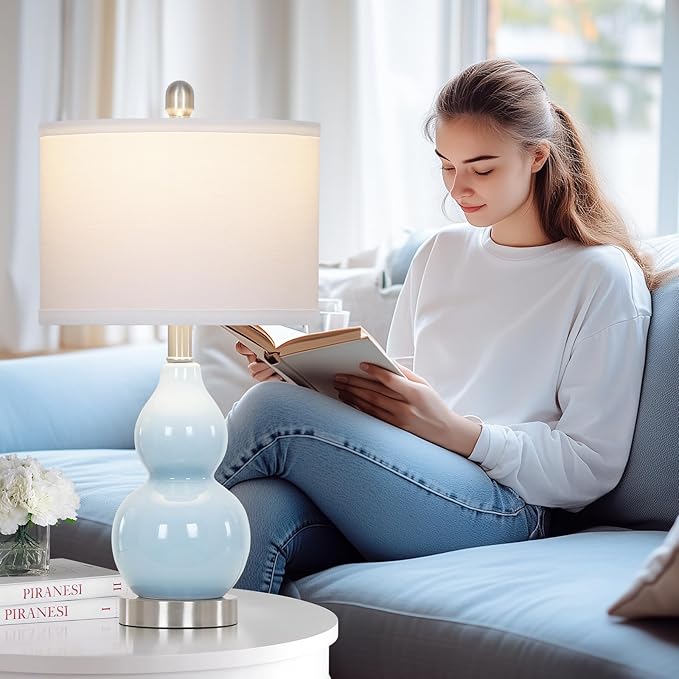 Double Gourd Ceramic Table Lamps Set of 2, Modern Blue Bedside Lamps for Night Stand, Contemporary Nightstand Lamps for Bedroom Living Room (Bulb Included) - Bloomnest