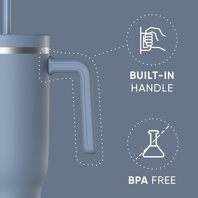 Hydrapeak Voyager 40 Oz Stainless Steel Tumbler with Handle, Insulated Water Bottle With Straw & Lid, Cupholder Friendly Reusable Travel Mug (Modern Blue) - Bloomnest