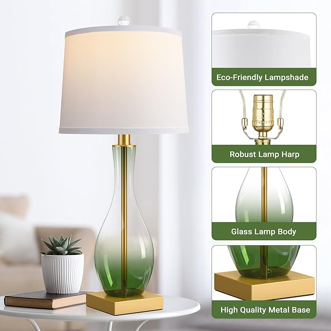 3-Way Dimmable Modern Glass table lamp for Living Room, Green Table Lamps Set of 2 with Touch Control, USB C and A Charging Ports, 27" Bedside Desk Lamps for Nightstand Decorations(LED Bulbs Included) - Bloomnest