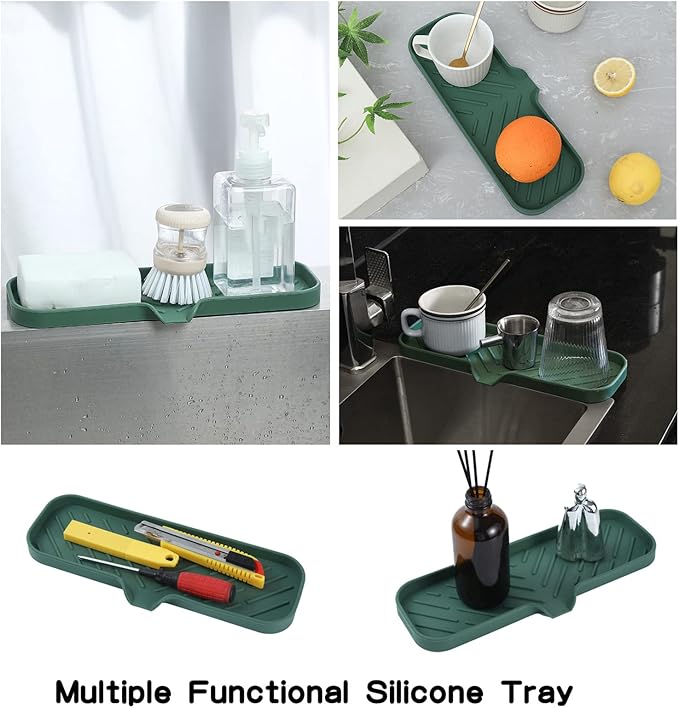 Silicone Bathroom Soap Dishes with Drain Spout-Bathroom and Kitchen Sink Organizer,Sponge Holder,Dish Soap Tray,Perfect for Dispenser,Scrubber,Bottle,Cup on Sink or Counter-Green 12"×4" - Bloomnest