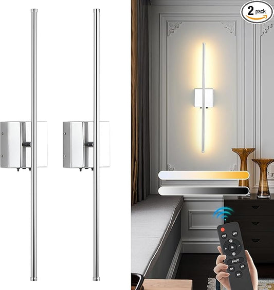 LED Wireless Battery Operated Wall Sconces, 11000mAh Rechargeable Chrome Wall Lights with Remote Control, 350°Rotate Dimmable Wall Lamp, 3 Color Temperatures, for Bedroom Living Room Hallway, 2 PCS - Bloomnest