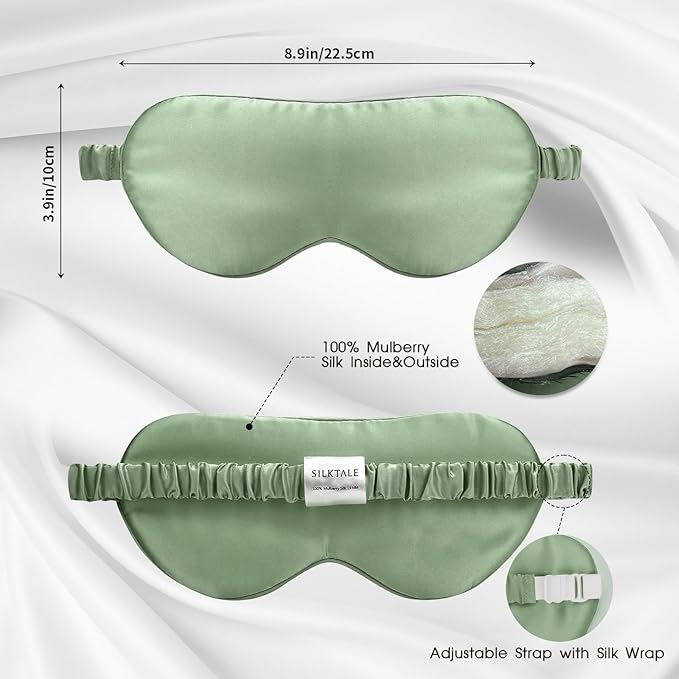 100% Mulberry Silk Eye Mask for Sleeping with Silk Wrapped Adjustable Strap,Sage Green - Bloomnest