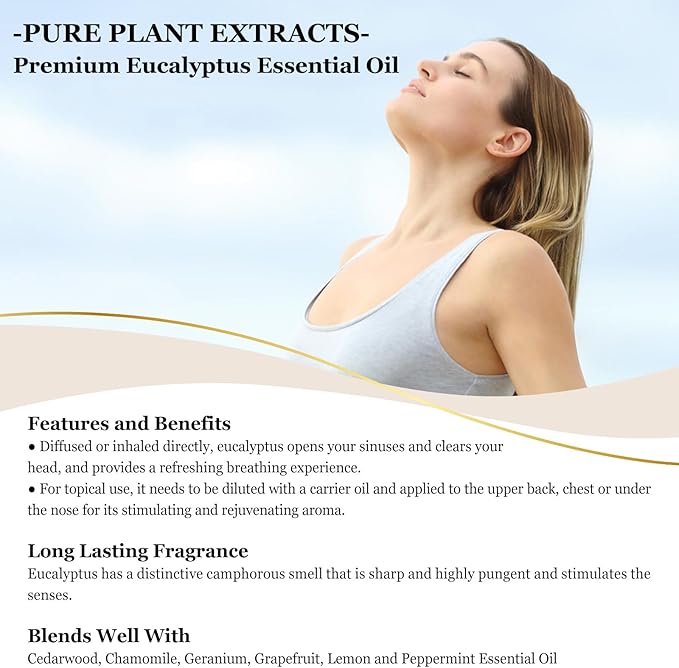 EUQEE Eucalyptus Essential Oil 118ml Pure Eucalyptus Oil with Glass Dropper for Aromatherapy, Diffuser, Soap & Candle Making - 4Fl.Oz - Bloomnest