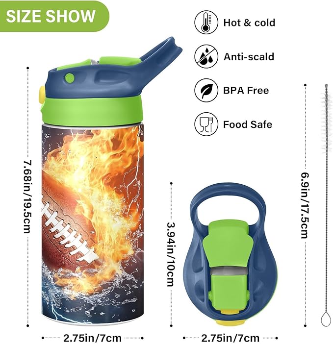 Rugby Football Fire Lightning Kids Water Bottle with Straw Lid Insulated Tumbler with Handle Stainless Steel Reusable Toddlers Cup for Kids Boys 12 oz - Bloomnest