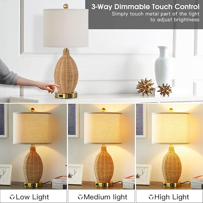Touch Control Rattan Table Lamps, 3 Way Dimmable Bedside Lamps for Bedroom Set of 2 with 2 USB Ports and AC Outlet, Gold Wicker Nightstand Lamps for Living Room Office (LED Bulbs Included) - Bloomnest