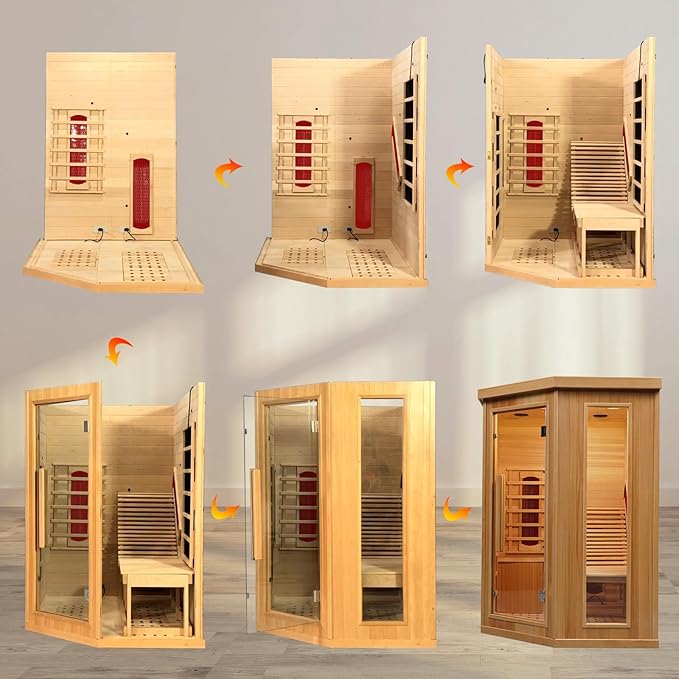 Smartmak Far Infrared Sauna Room with Recliner, 1 Person Indoor Canadian Hemlock Sauna Room, Carbon Crystal Heating Panel and Heating Tubes, 7 Color Light, Oxygen Bar, Bluetooth Speaker (220V, 2300W) Smartmak