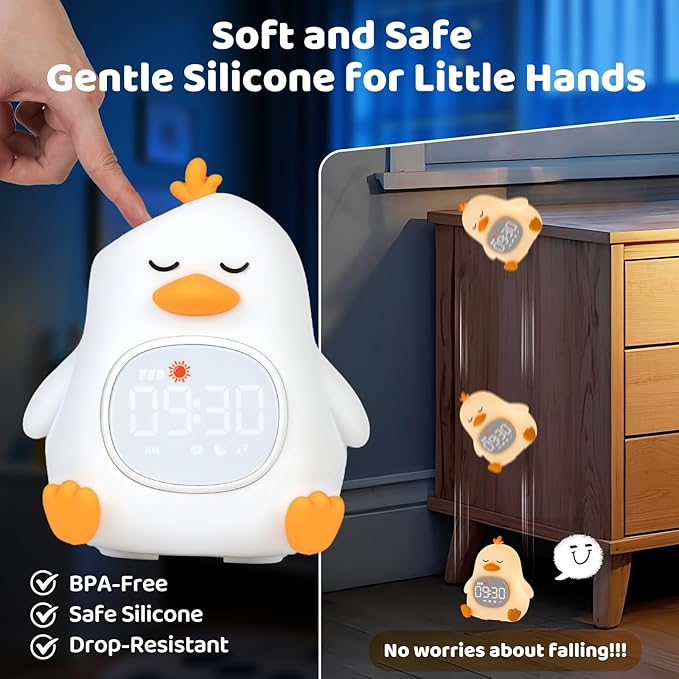 Sleepy Duck Alarm Clock with Night Light for Kids with Sleep Training and Sound Machine, Rechargeable Silicone Lamp OK to Wake Clock，Cute Animal Tabletop Lamp, Perfect Sleep Companion for Boys Girls - Bloomnest