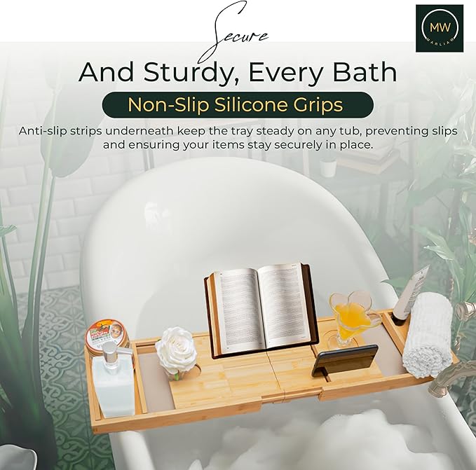 Luxury Foldable Bamboo Bathtub Tray - Wine Glass and Tablet Holder, Spa Bath Caddy for Relaxation, Gifts for Her, Him, Couples, Adjustable and Waterproof, Perfect for Birthdays, Weddings, Housewarming - Bloomnest