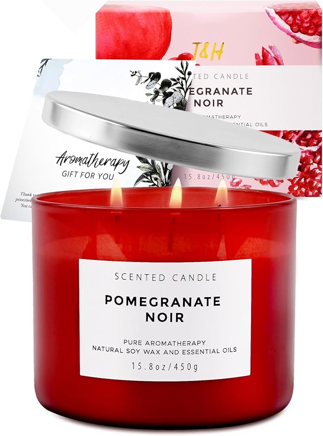 Pomegranate Noir Vanilla 3 Wick Candle | Highly Scented Natural Soy Candle 15.8 oz | Aromatherapy Stress Relief Candle Long Lasting & Clean Burn | Luxury Relaxing Gift for Home, Women & Men - Bloomnest