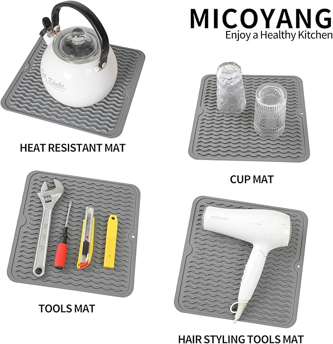 Silicone Dish Drying Mat for Multiple Usage,Easy clean,Eco-friendly,Heat-resistant Silicone Mat for Kitchen Counter or Sink,Refrigerator or Drawer liner Grey M 12 inches x 12 inches - Bloomnest
