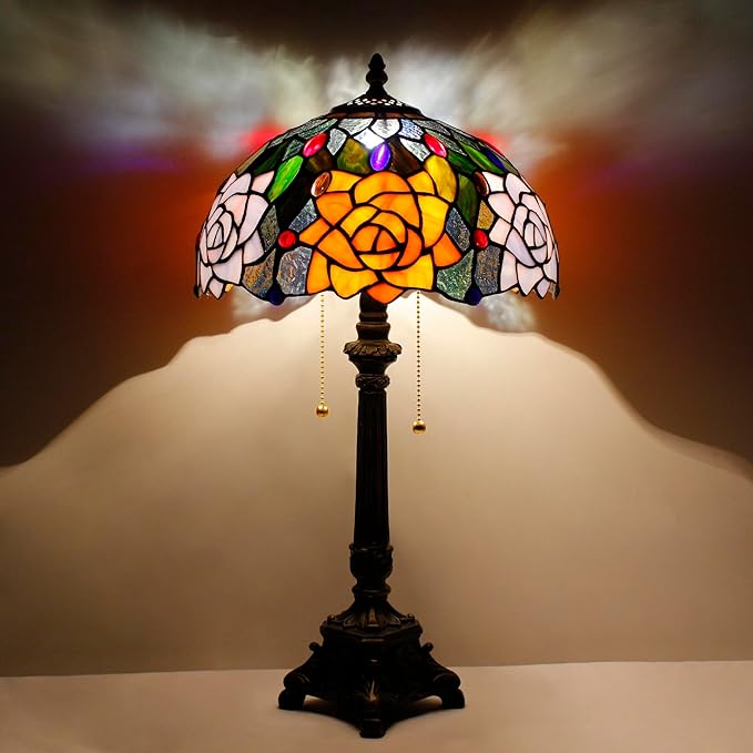 Tiffany Lamp Orange Rose Flower Style Stained Glass Table Lamp Desk Reading Light 12X12X21 Inches with Resin Base Decor Bedroom Living Room - Bloomnest