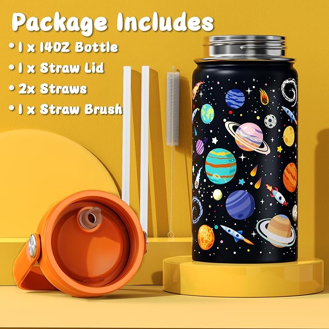 14oz Kids Insulated Water Bottle with Straw Lid - 18/8 Stainless Steel Kid Cup Travel Tumbler Double Wall Vacuum Leak Proof Portable Toddler Water Bottle (Space) - Bloomnest