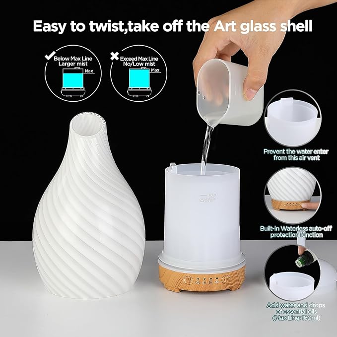Art Glass Essential Oil Diffuser - 160ml Ultrasonic Cool Mist Scent Aroma Aromatherapy Diffuser, Intermittent with Auto Shut-Off Timer Setting &7 Colors Night Light for Home -Ethereal Time - Bloomnest