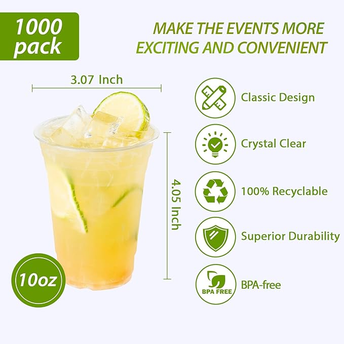 Lilymicky 1000 Pack 10 oz Clear Plastic Cups, Disposable Drinking Party Cups for Birthday Parties, Picnics, Ceremonies, and any Events - Bloomnest