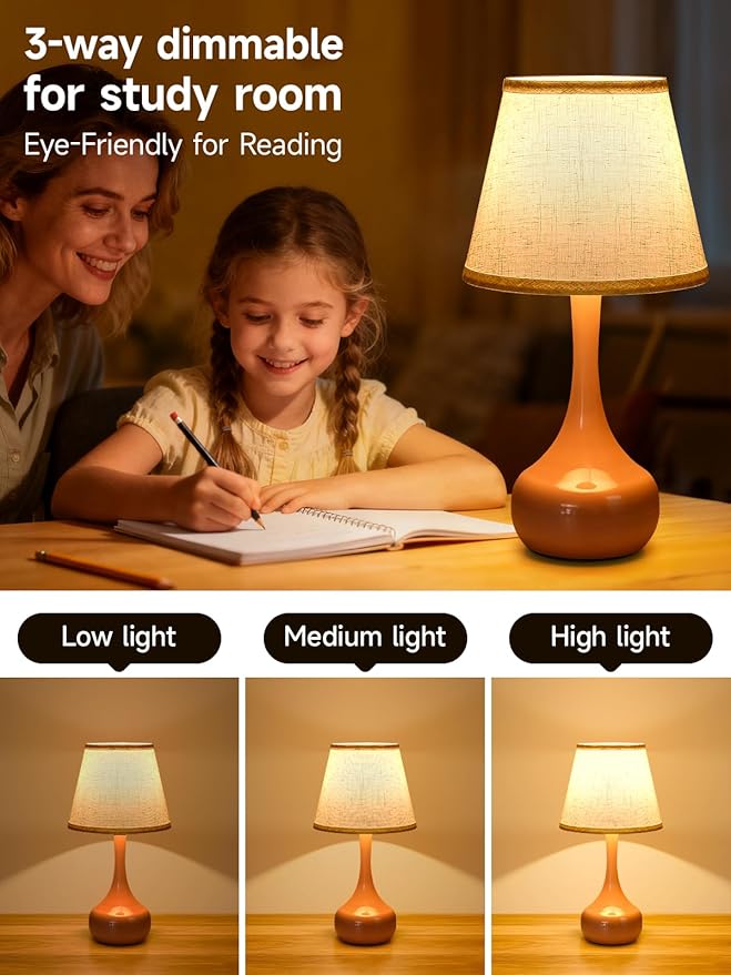 Touch Table Lamp for Bedroom, 3-Way Dimmable Table Lamps for Nightstand with Fabric Shade, Lamps for Living Room，Desk Lamps for Home Office, Pink Lamp for Bedroom - Bloomnest