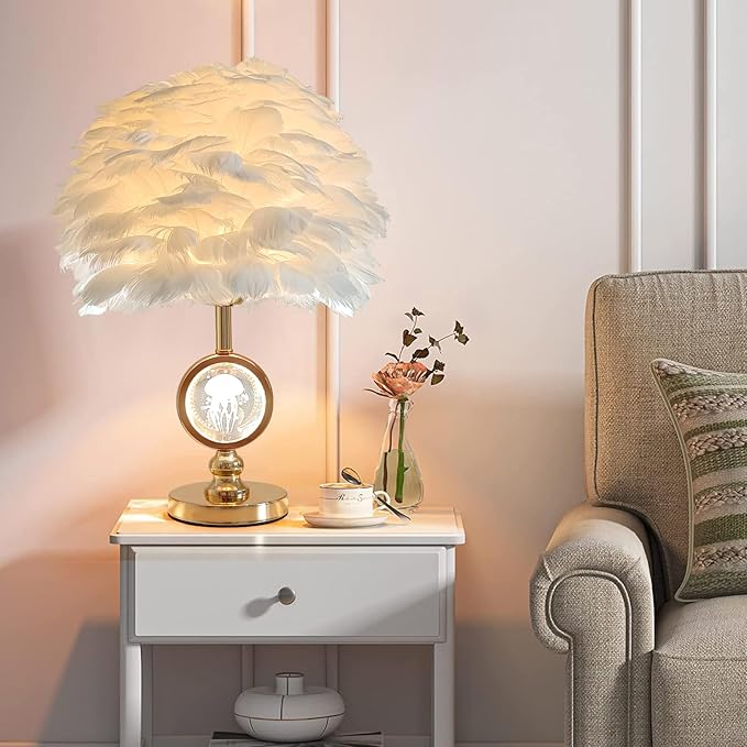 Chic White Feather Lamp Decoration Fluffy Table Lamp Creative Princess Goose Feather Desk Lamp Teen Girl Wedding Bedroom Romantic Bedside Nightstanding Light - Bloomnest