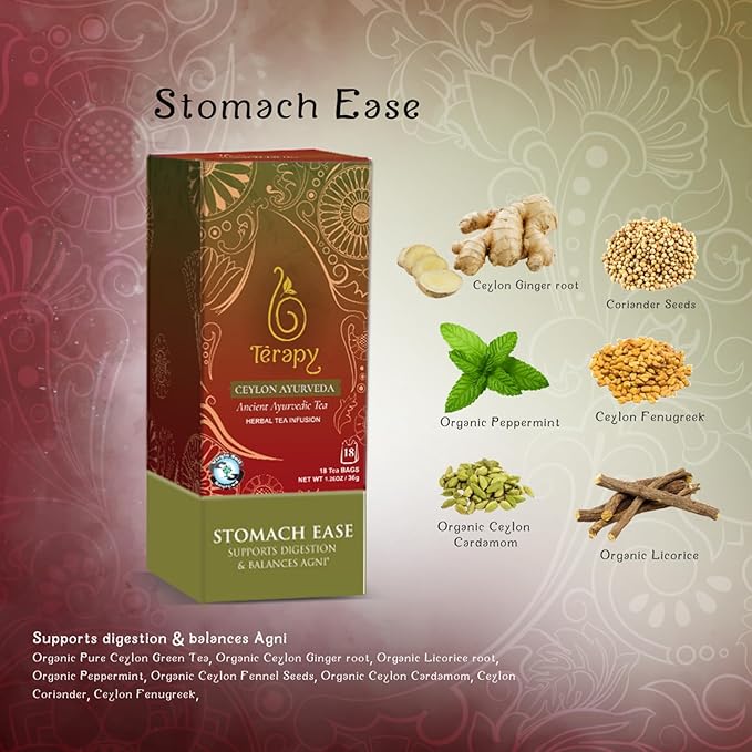 Térapy Ceylon Stomach Ease Herbal Tea Bags | Soothes Stomach & Supports Healthy Digestion | All Natural Ayurvedic Ingredients Including Peppermint, Ginger, Licorice | 18 Individually Wrapped Tea Bags - Bloomnest