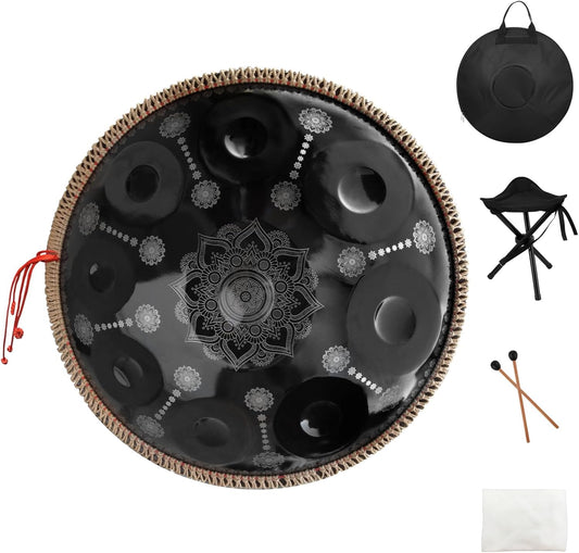 432HZ Handpan Set-Premium 22 Inches 9 Sounds D Minor Steel Hand Pan,Handpan Drum Instrument for Adults,Print Black