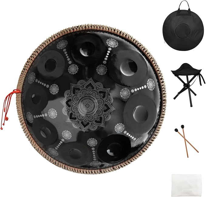 432HZ Handpan Set-Premium 22 Inches 9 Sounds D Minor Steel Hand Pan,Handpan Drum Instrument for Adults,Print Black - Bloomnest
