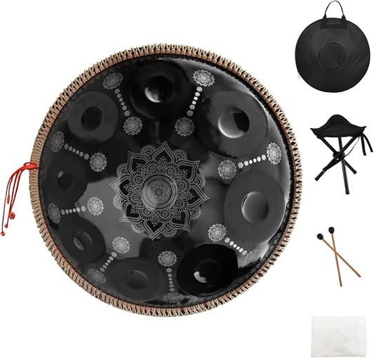 432HZ Handpan Set-Premium 22 Inches 9 Sounds D Minor Steel Hand Pan,Handpan Drum Instrument for Adults,Print Black - Bloomnest