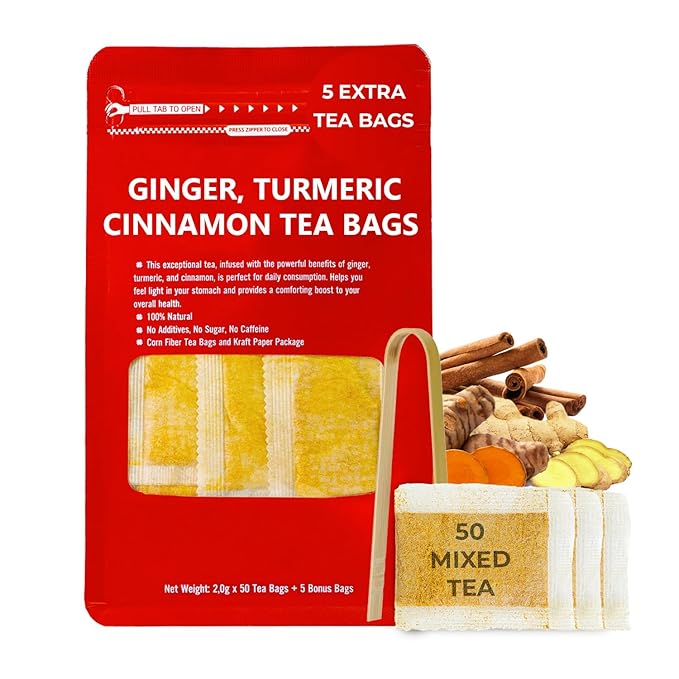 Ginger Cinnamon Turmric Tea Bags with Bamboo Tong - 55 Count (+5 Count), 5.47 oz, Re-Steep Corn Based Bag, Natural Herbal Tea for Body Warm, Liver Support - Bloomnest