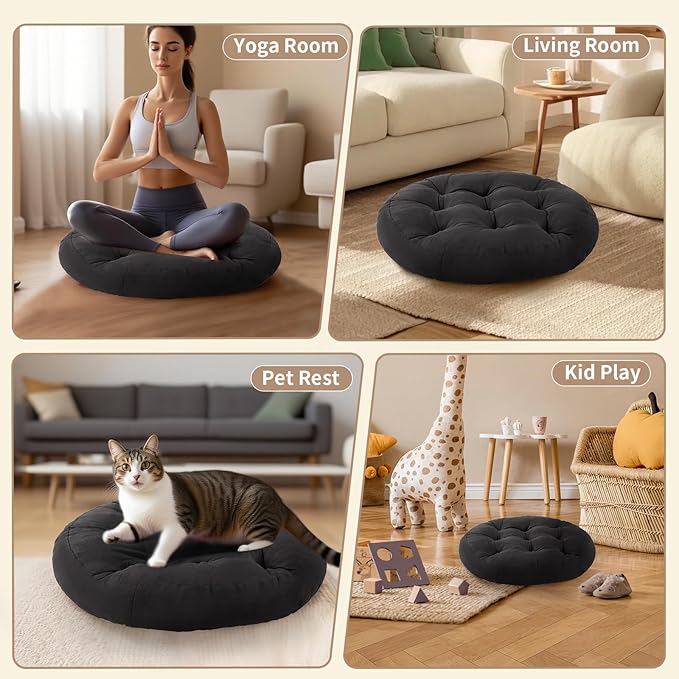 Meditation Floor Pillow, 2 Pack Round Floor Cushions for Adults, Button Tufted Seat Cushions for Yoga Tatami Living Room, Black, 22 x 22 x 4 in
