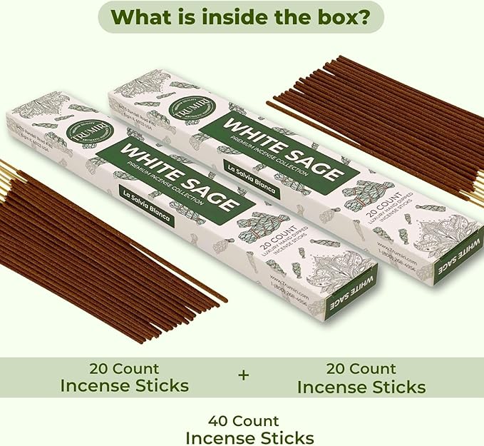 White Sage Incense Sticks for Cleansing - Total 40 Insence-Sticks - Dual Pack of 20 Insense - Inciensos - Inscents - Natural Non Toxic Ingredients - Incents - Incence - Inscense - Insents TRUMIRI