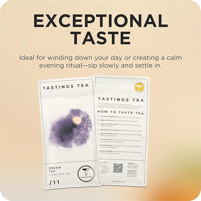 Tastings Tea Dream Loose Leaf, 8 oz | Calm Herbal Sleep Blend with Chamomile, Valerian & Lemon Grass | Natural Antioxidants for Wellness & Bed | Small Batch & Sustainably Sourced | Resealable Pouch - Bloomnest