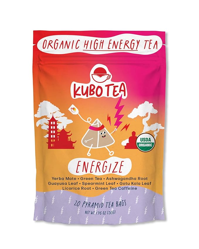 Kubo Tea Energize Yerba Mate Green Tea - Organic High Caffeine Energy Blend - 20 Pyramid Tea Bags (140mg Caffeine each) - Healthy Sugar Free Coffee Substitute for Hot and Iced Drinks - Biodegradable - Bloomnest
