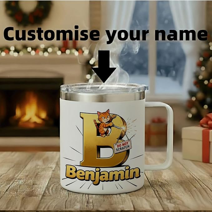 JugJug Personalized Funny Cat Mug with Initial & Name - Naughty 12oz Insulated Coffee Cup w/Lid - Sarcastic Gifts for Cat Lovers, Girls, Women (B172) - Bloomnest