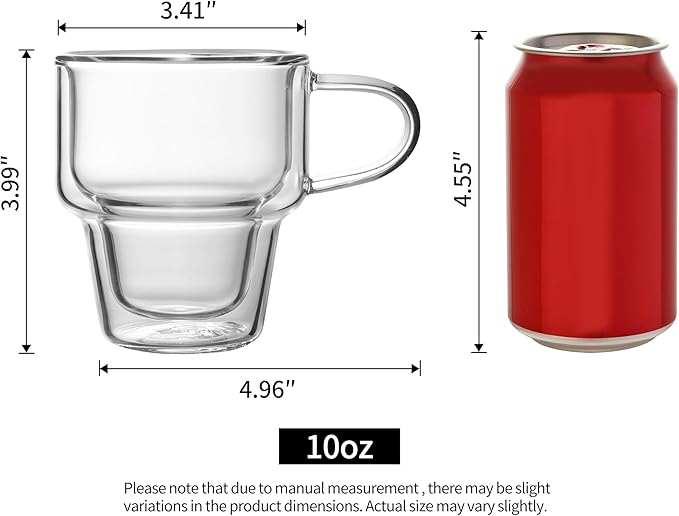 NIRA.Z 4 Pack Double Wall Glass Coffee Mugs 10 OZ Insulated Espresso Cups with Handle, Stackable Thermal Glass Coffee Cups, Ideal for Hot & Cold Drinks, Juice, Americano, Latte, Tea Bags, Cappuccinos - Bloomnest